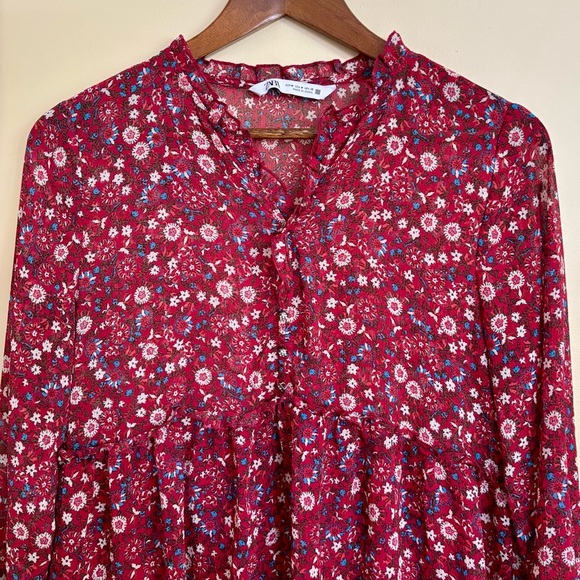 Zara| Boho Red Micro-Floral Long Sleeve V Neck Mini Dress Sz M - Picture 4 of 6